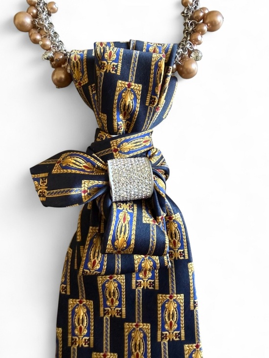Vintage Jewelry - Re-Styled Silk Navy & Gold Statement Necktie Necklace w/Rhinestone & beads,